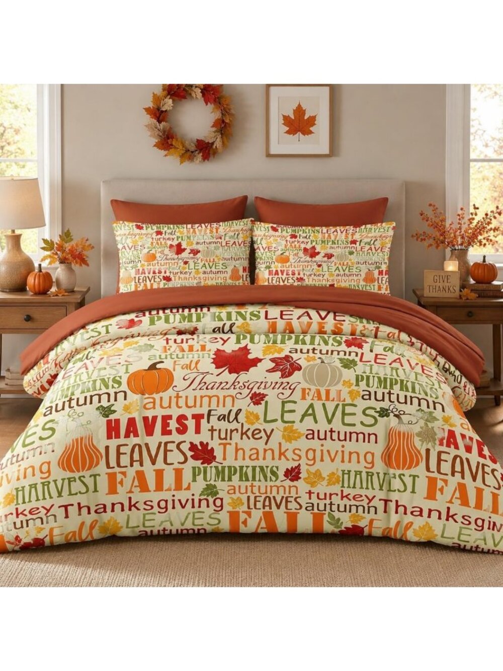 Cozy Queen Fall Comforter Set with Sheets, 7-Piece Autumn Bedding Collection